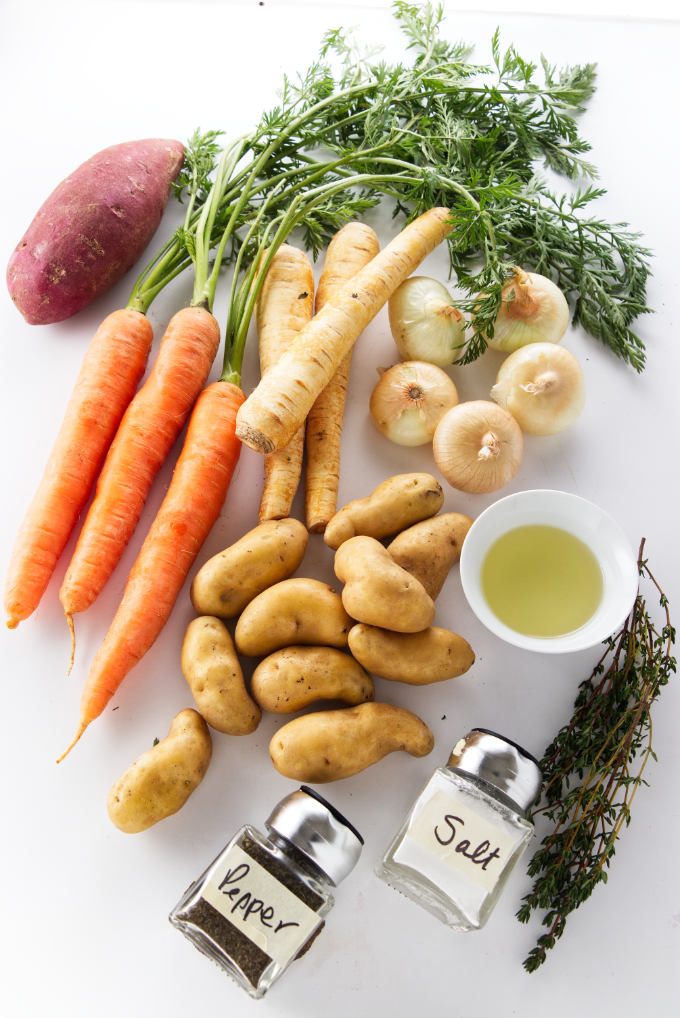 Ingredients used to cook root vegetables in the oven.