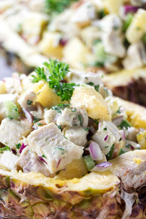 Pineapple chicken salad in a pineapple bowl.