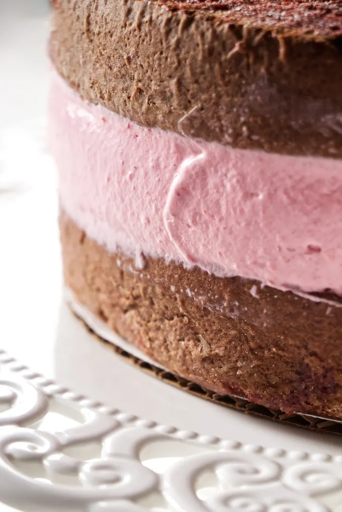 Two cake layers with raspberry mousse cake filling in the middle.
