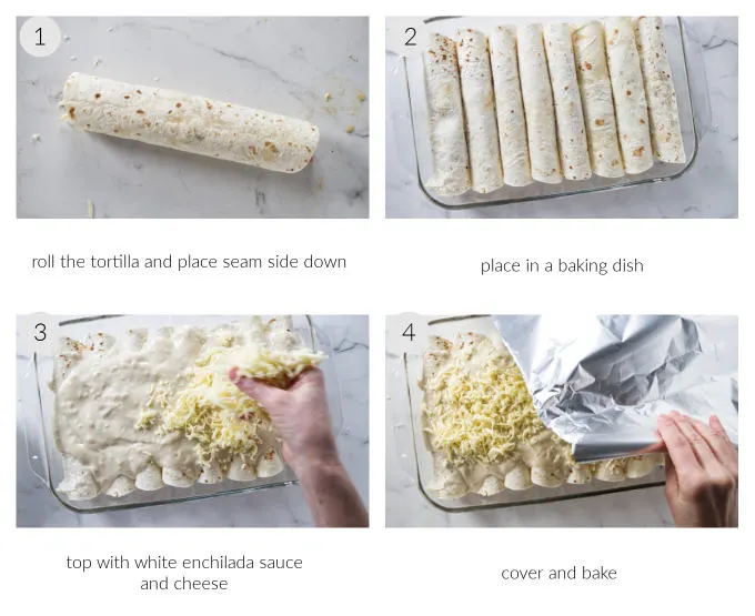 Four photos showing how to roll crab enchiladas.