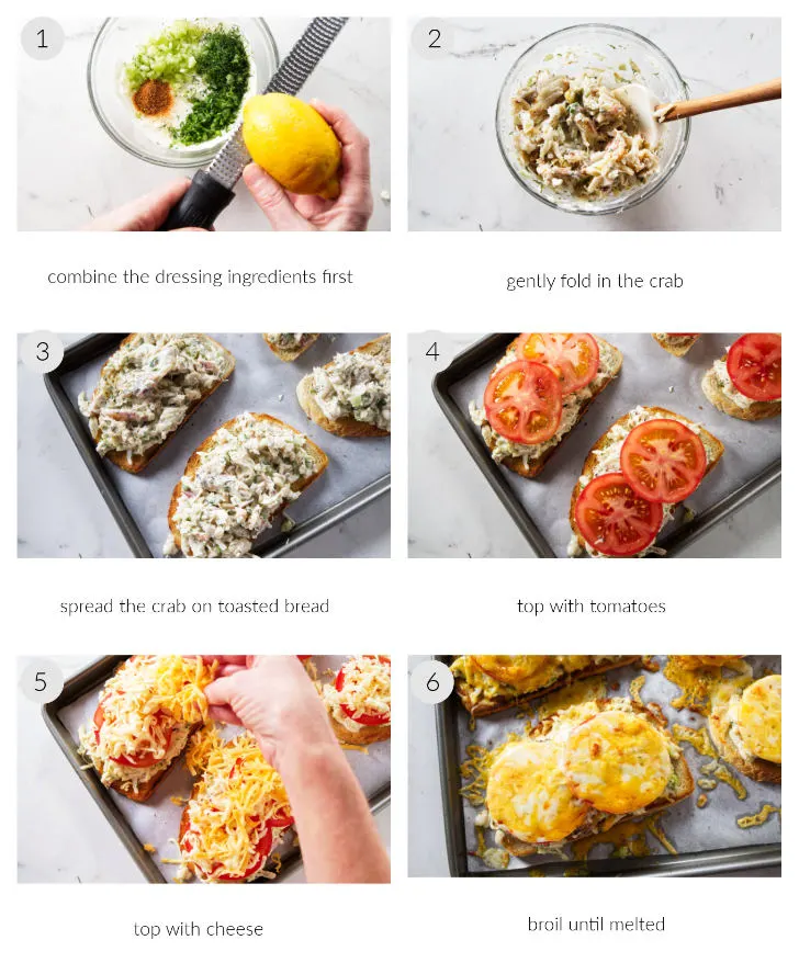 Six photos showing how to make a crab melt sandwich.