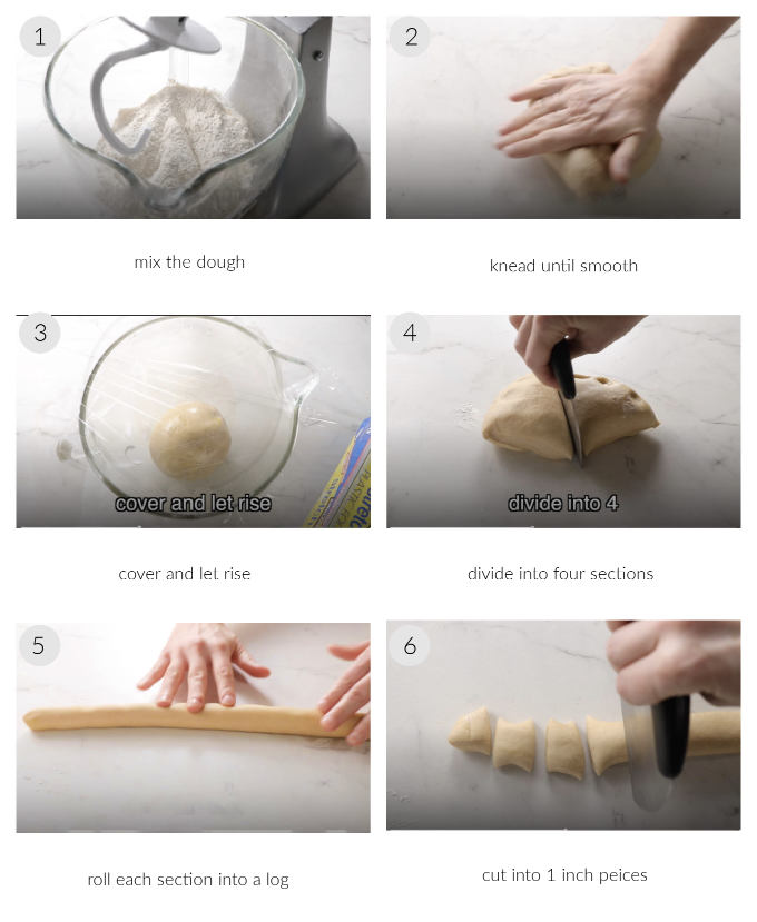 Six photos showing how to make the dough for pretzel bites.