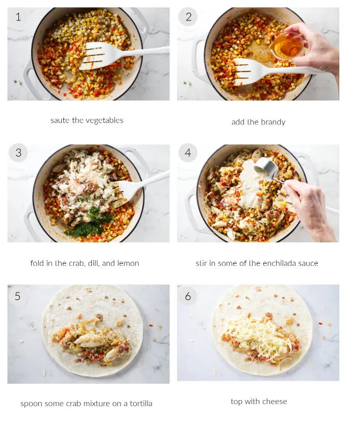 Six photos showing how to make crab enchiladas.