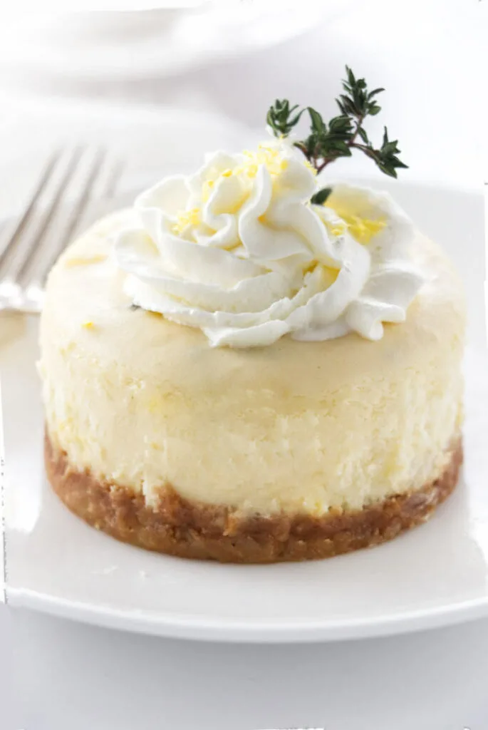 A serving of goat cheese, lemon and thyme mini cheesecake
