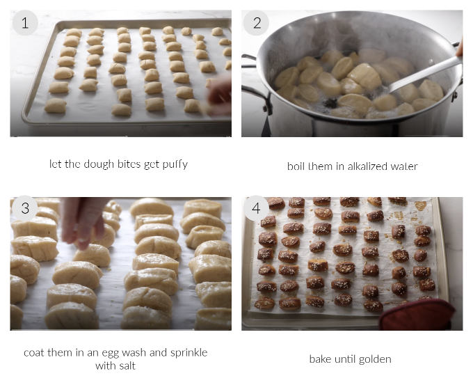 Four photos showing how to boil and bake pretzel bites.
