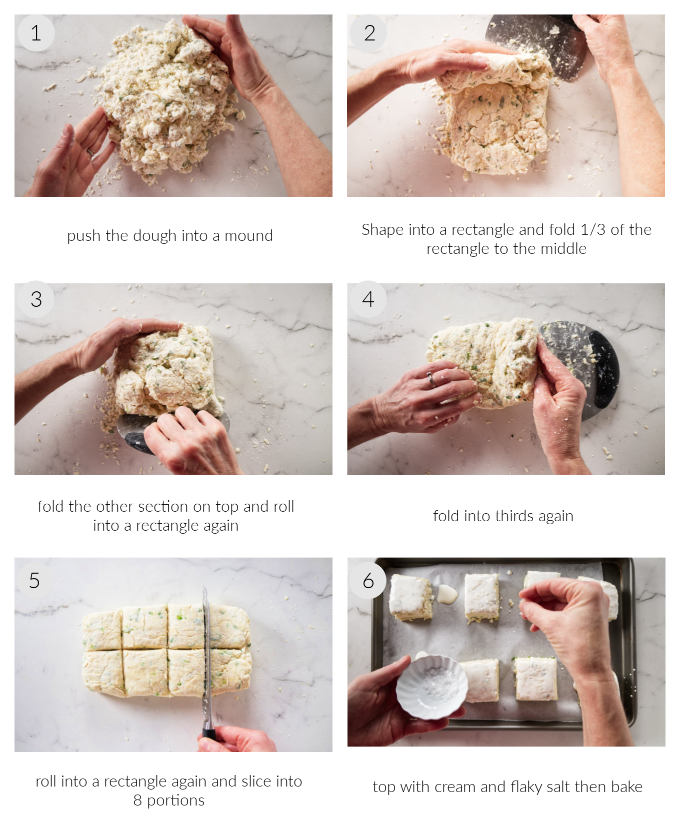 A collage of six photos showing how to make sour cream onion biscuits.