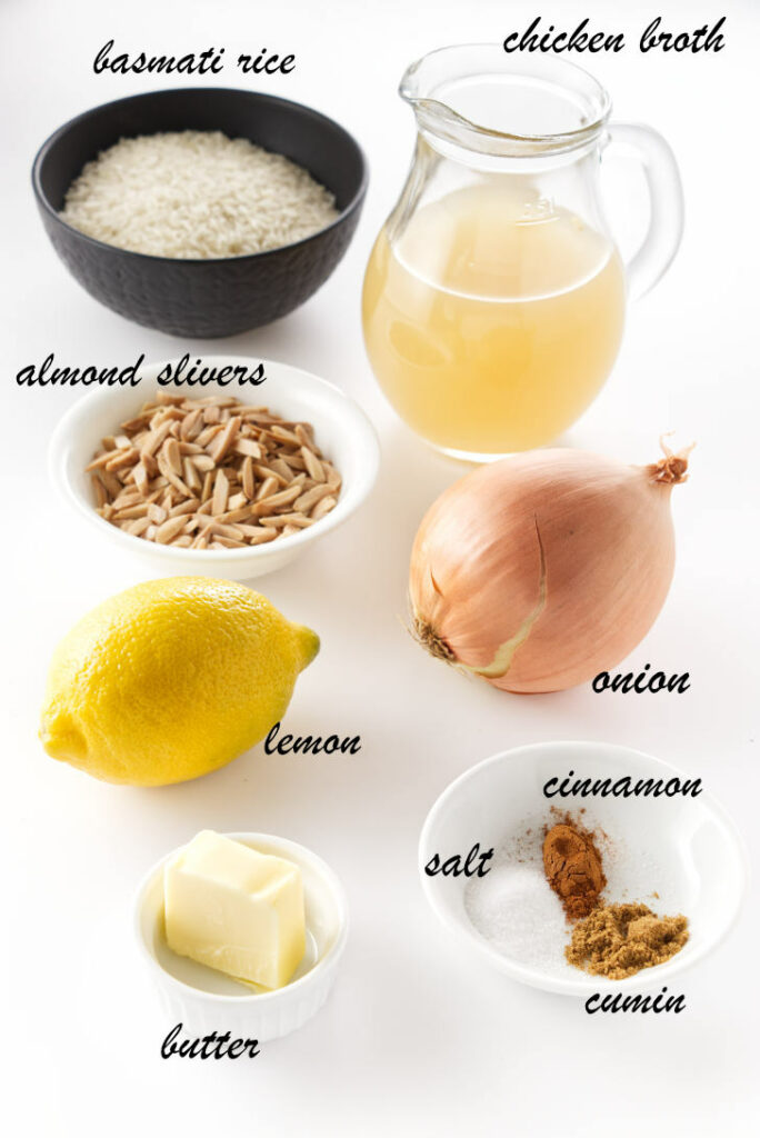 Ingredients to make basmati rice pilaf.