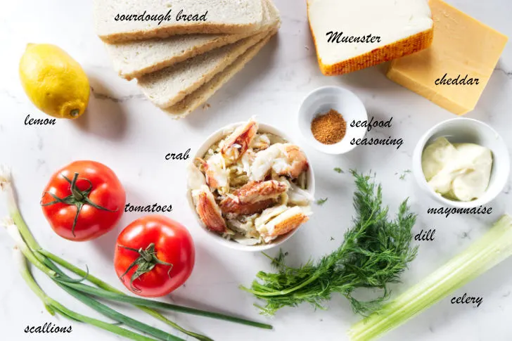 Ingredients needed for crab melt sandwiches.