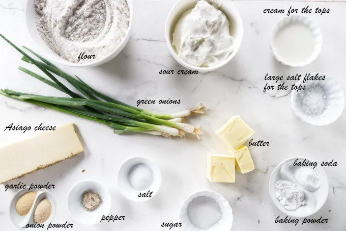 Ingredients used to make sour cream and onion biscuits.