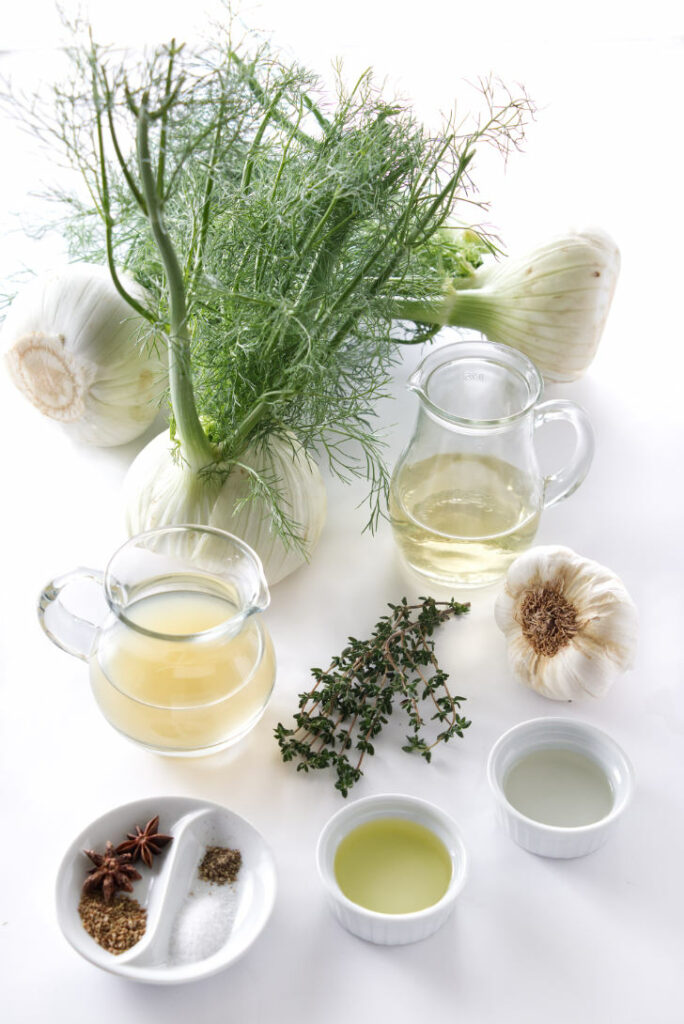 Ingredients used to make braised fennel.