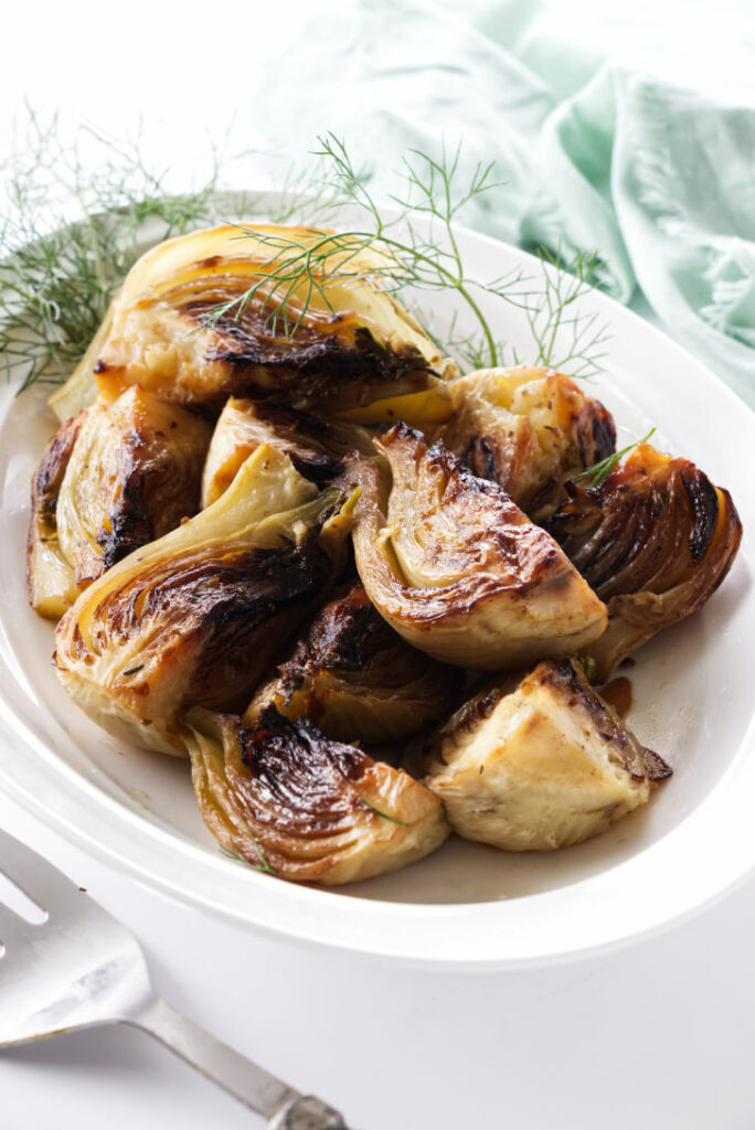 A serving plate of caramelized braised fennel.