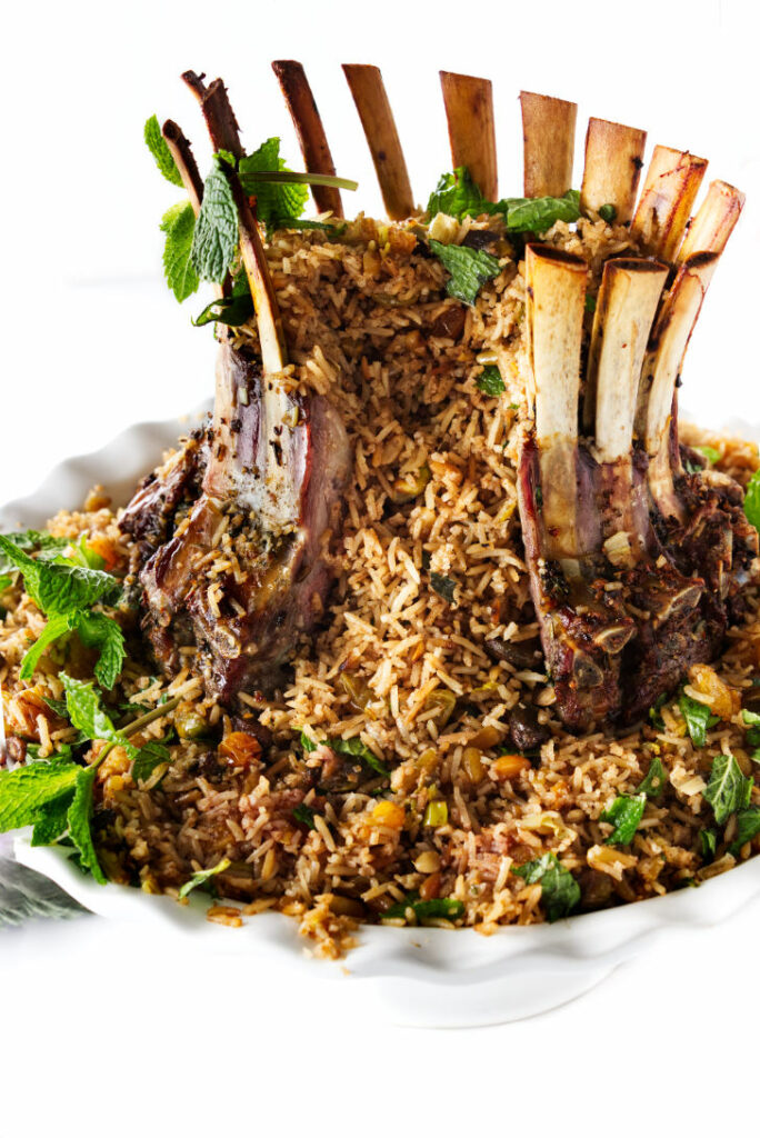 A crown rack of lamb filled with rice pilaf.