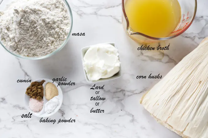 Ingredients used to make tamale dough with masa.