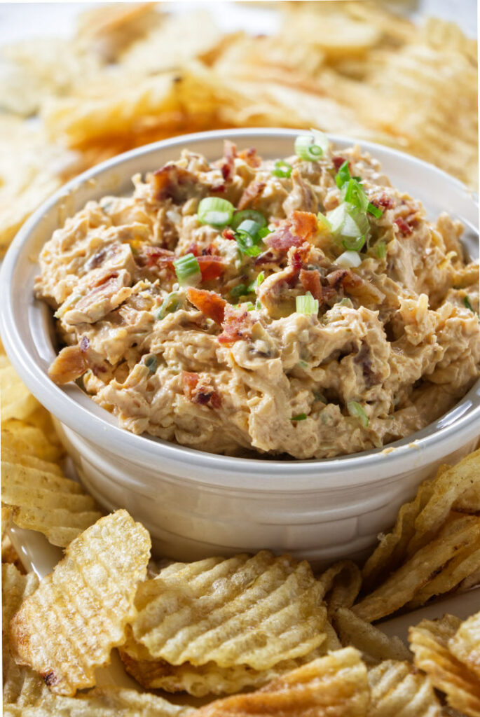 A dish of smoked gouda chip dip.