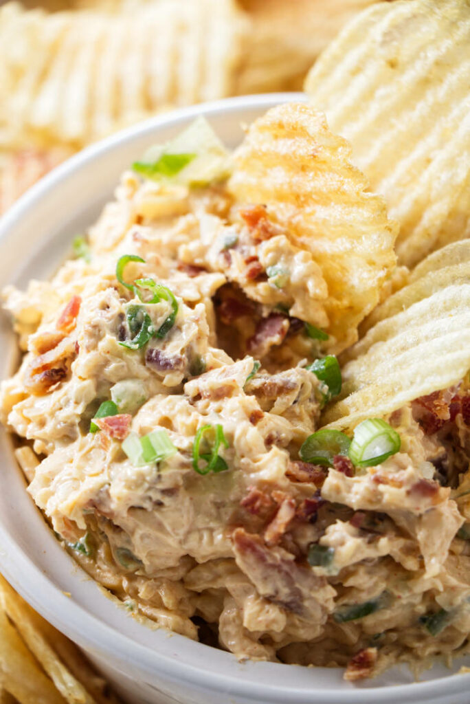 Potato chips in a bowl of smoked gouda dip.