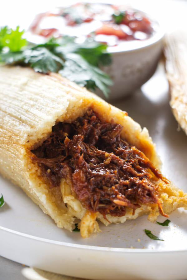 A tamale with shredded pork filling.