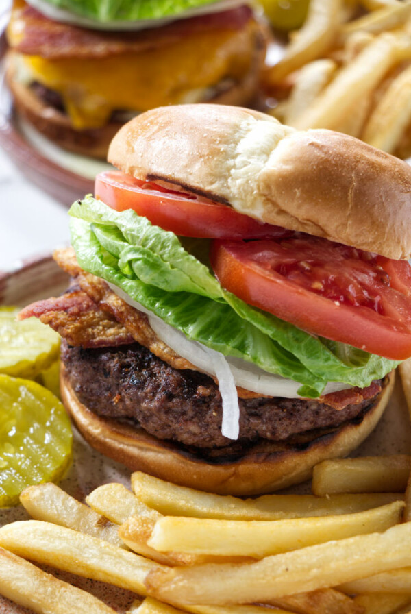 Two venison burgers assembled with lettuce, onions, and tomatoes.