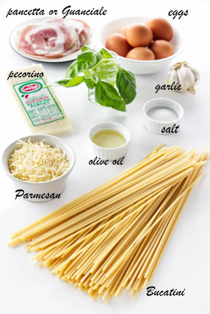 Ingredients used to make bucatini carbonara.