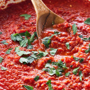 A spoon scooping up tomato sauce.