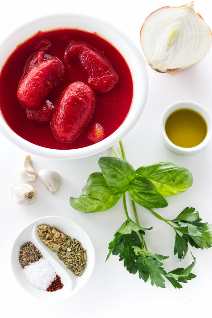 Ingredients used to make San Marzano tomato sauce.