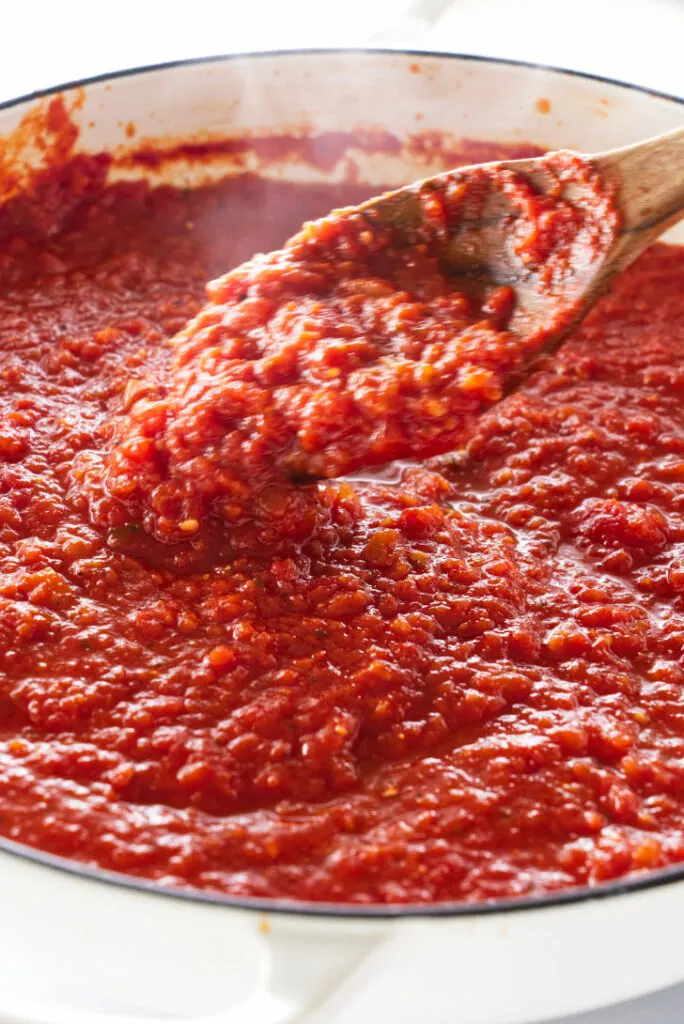 A pan of freshly made San Marzano tomato sauce.