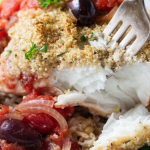 A fork flaking off a chunk of halibut.