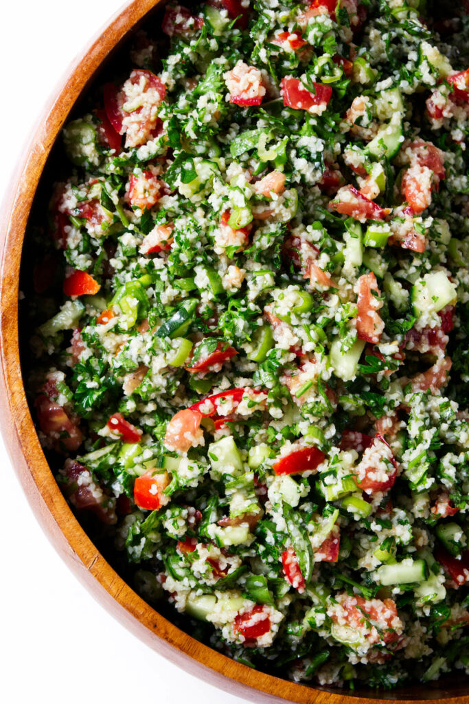 A bowl filled with a Lebanese tabbouleh salad.