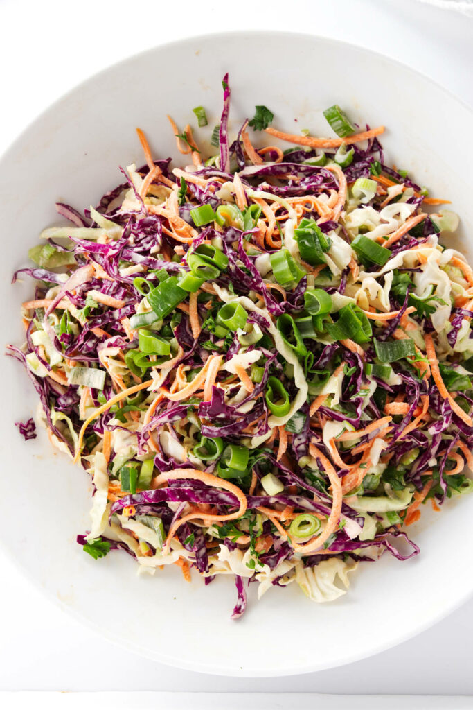 Coleslaw of carrots, white and red cabbage and green onions
