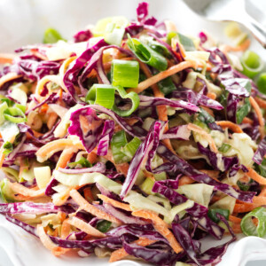 Close up view of a serving of coleslaw