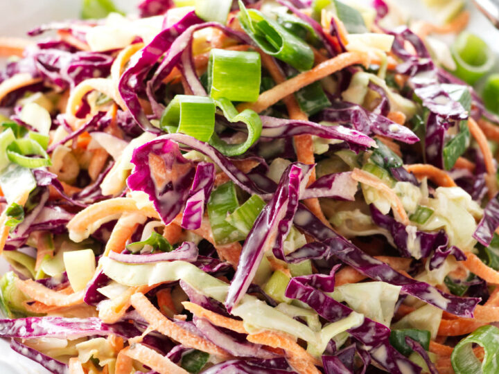 Close up view of a serving of coleslaw