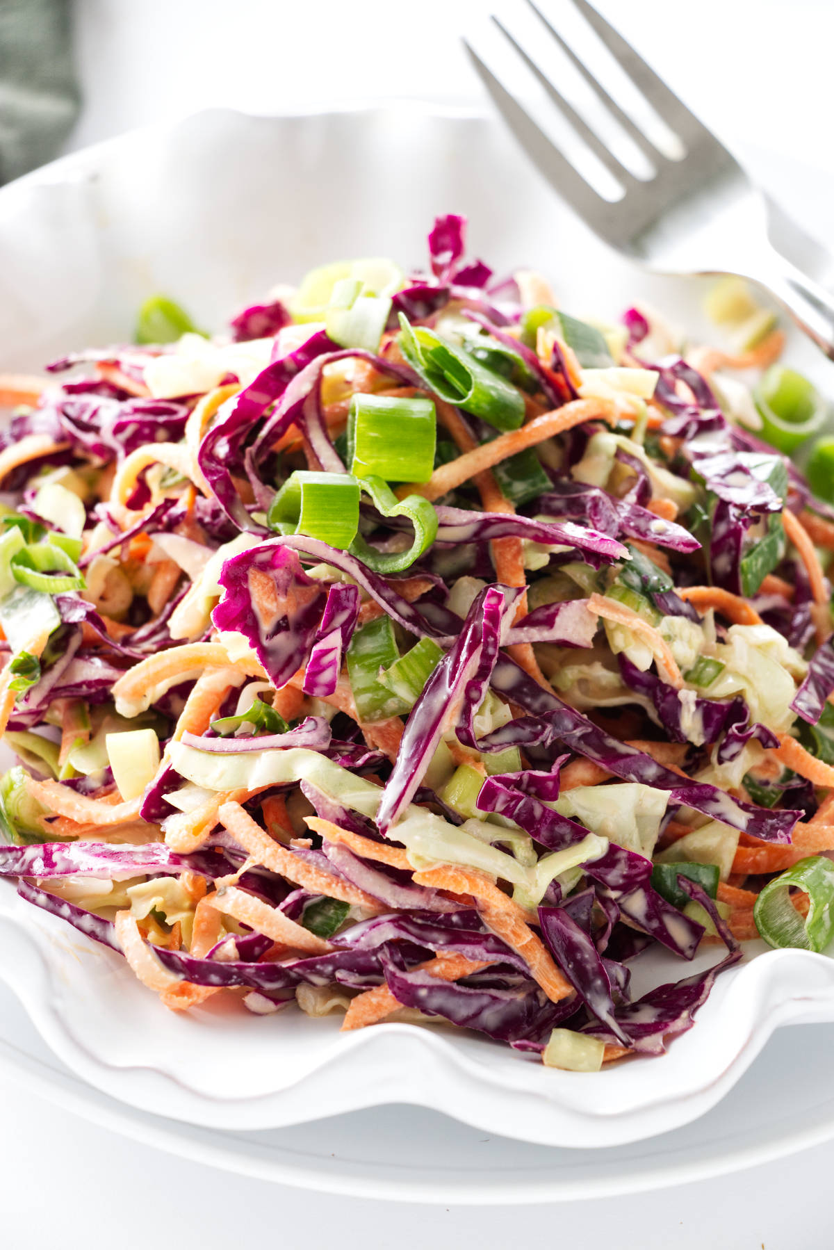 Close up view of a serving of coleslaw