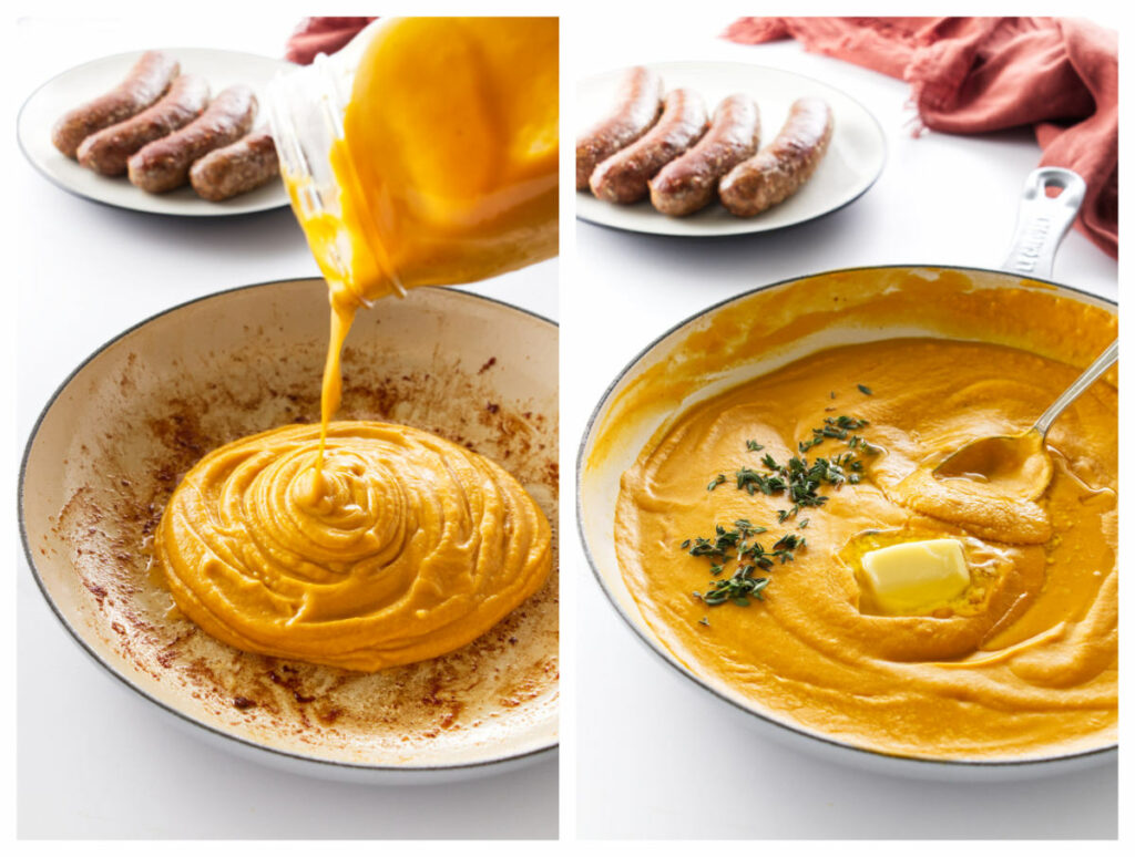 butternut squash Pasta Sauce being poured into skillet