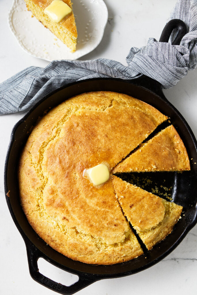 Cornbread in a skillet.