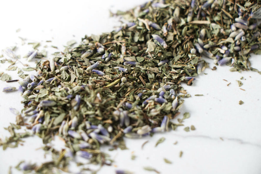 Dried herbs de Provence on a counter.