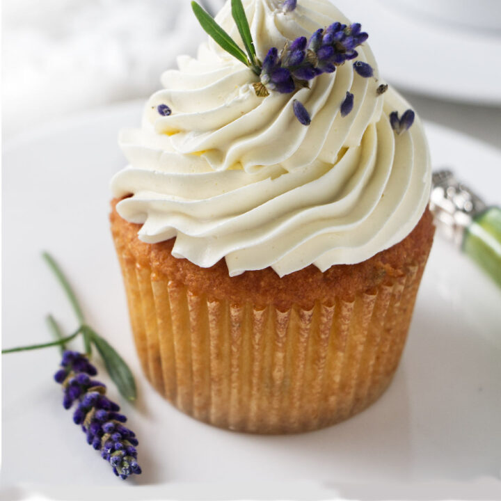 lavender cupcake with ermine frosting and lavender blooms