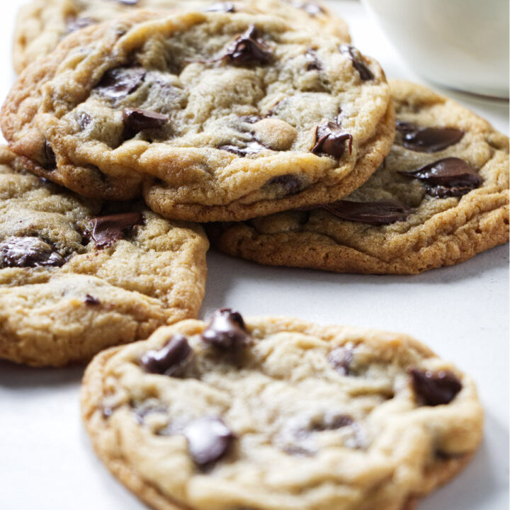 A stack of chocolate chip cookies made with malted milk.