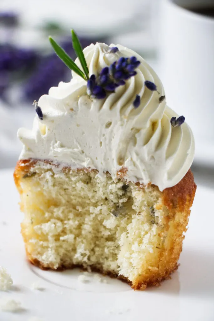 cross section of a lavender cupcake with ermine frosting