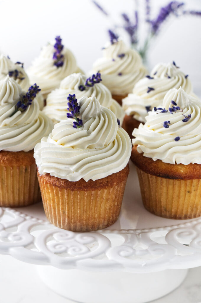 lavender cupcakes on a cake stand