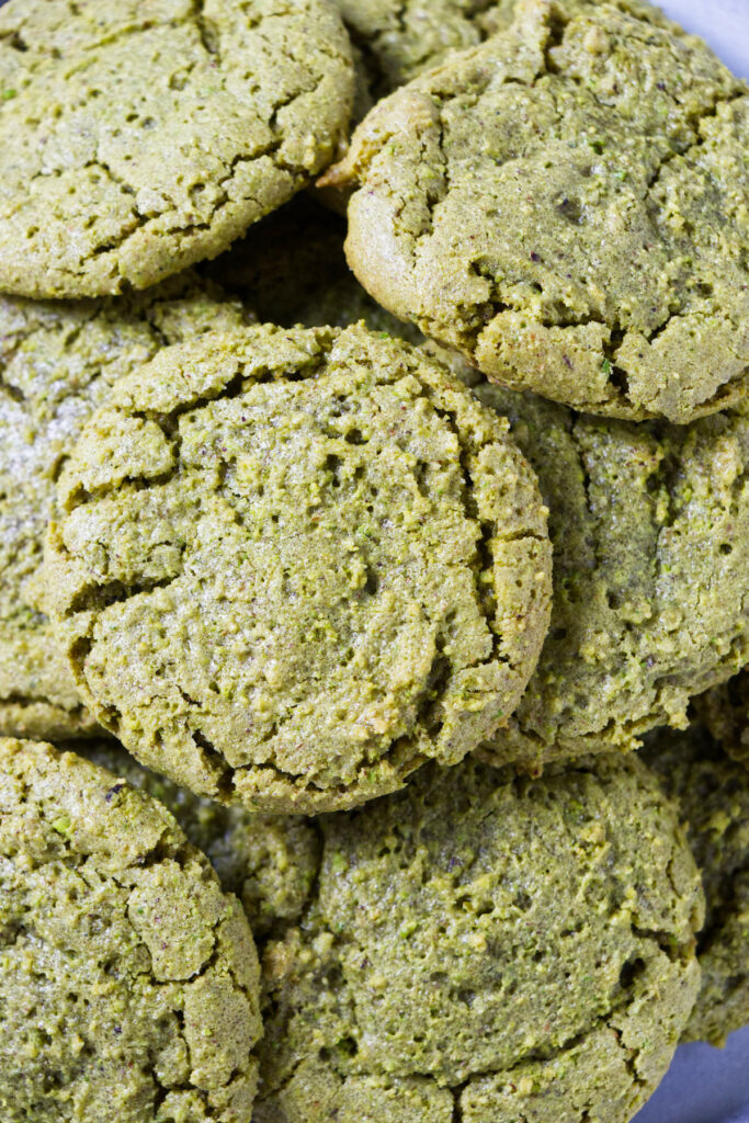 Pistachio cookies that are bright green from Sicilian pistachios.