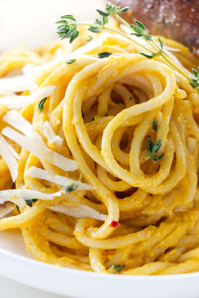 Spaghetti tossed with butternut squash pasta sauce