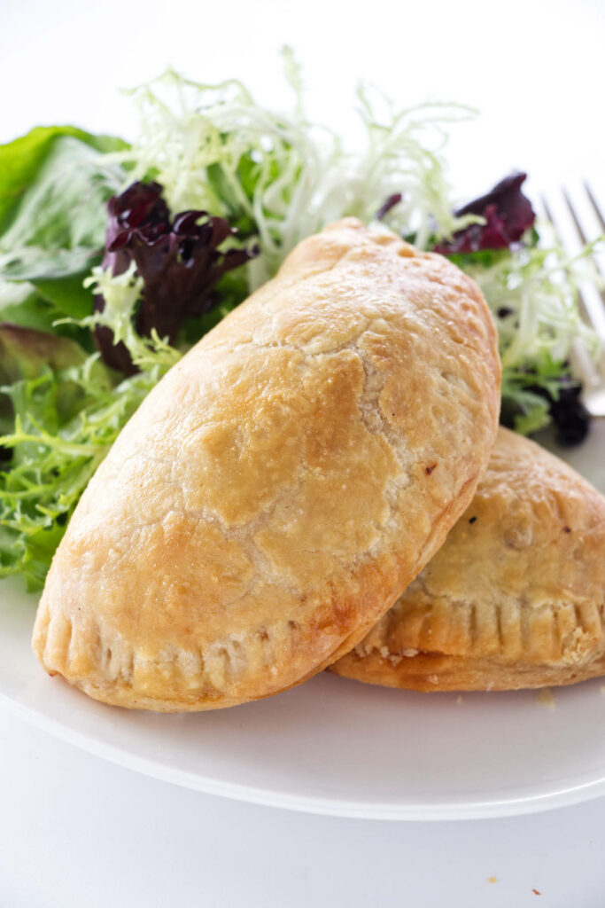 Two chicken empanadas on a plate.