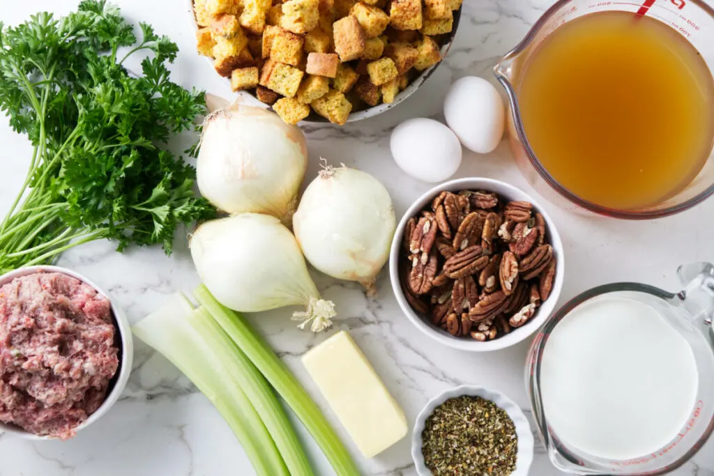 Ingredients used to make cornbread stuffing with sausage.