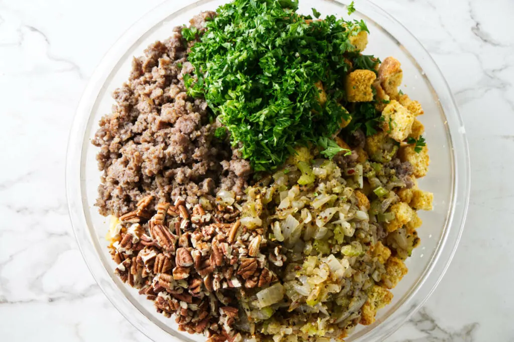 Stuffing ingredients in a large mixing bowl.