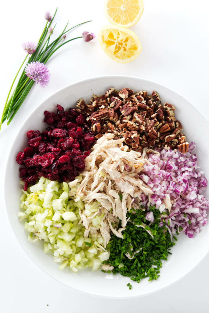 Ingredients used for a cranberry chicken salad.