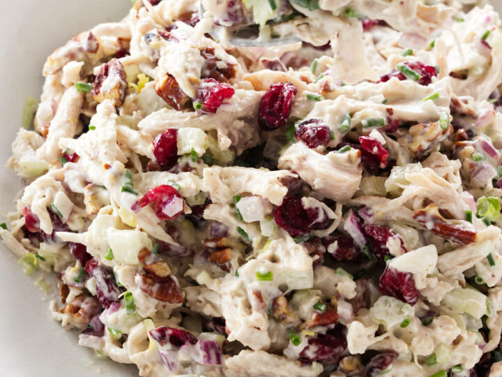 Cranberry chicken salad in a bowl.
