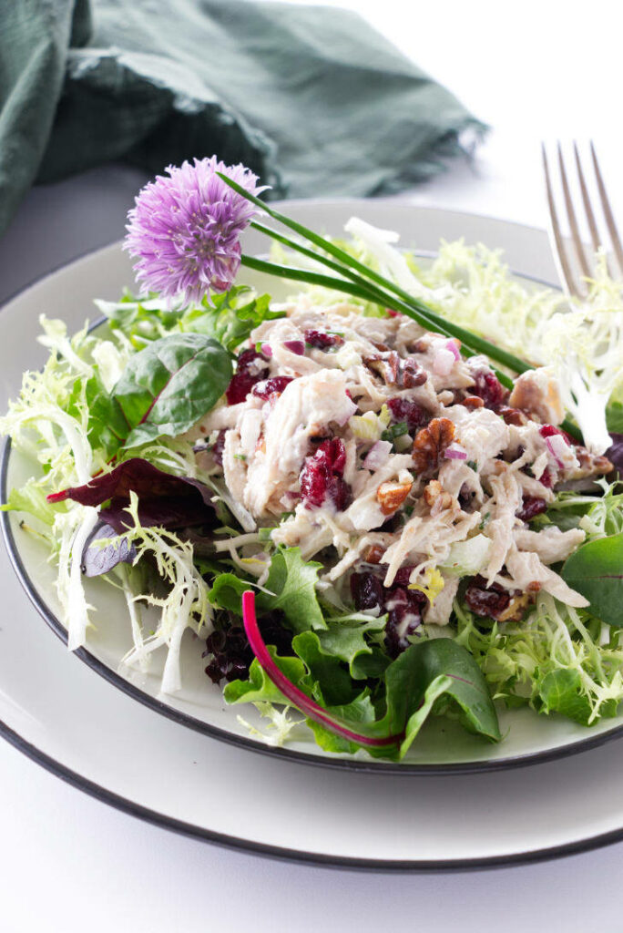 Chicken salad on a bed of lettuce.