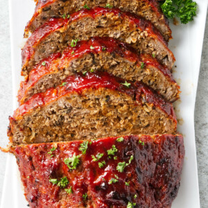 Slices of turkey meatloaf on a serving platter.