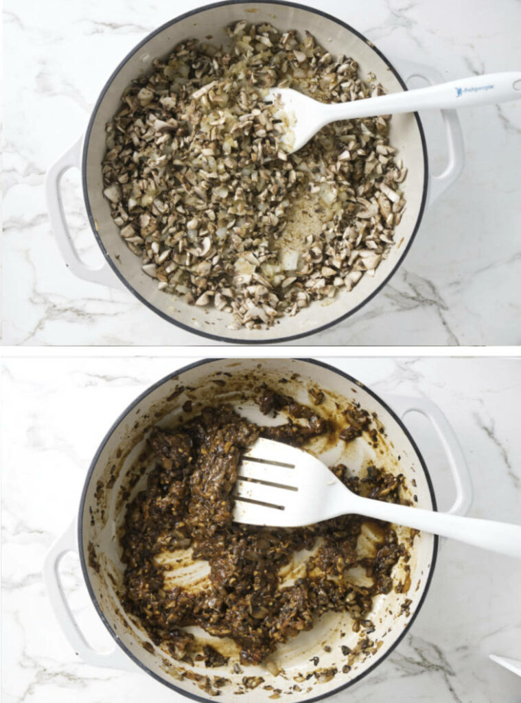 A collage of two photos sautéing mushrooms and adding spices to meatloaf mixture.