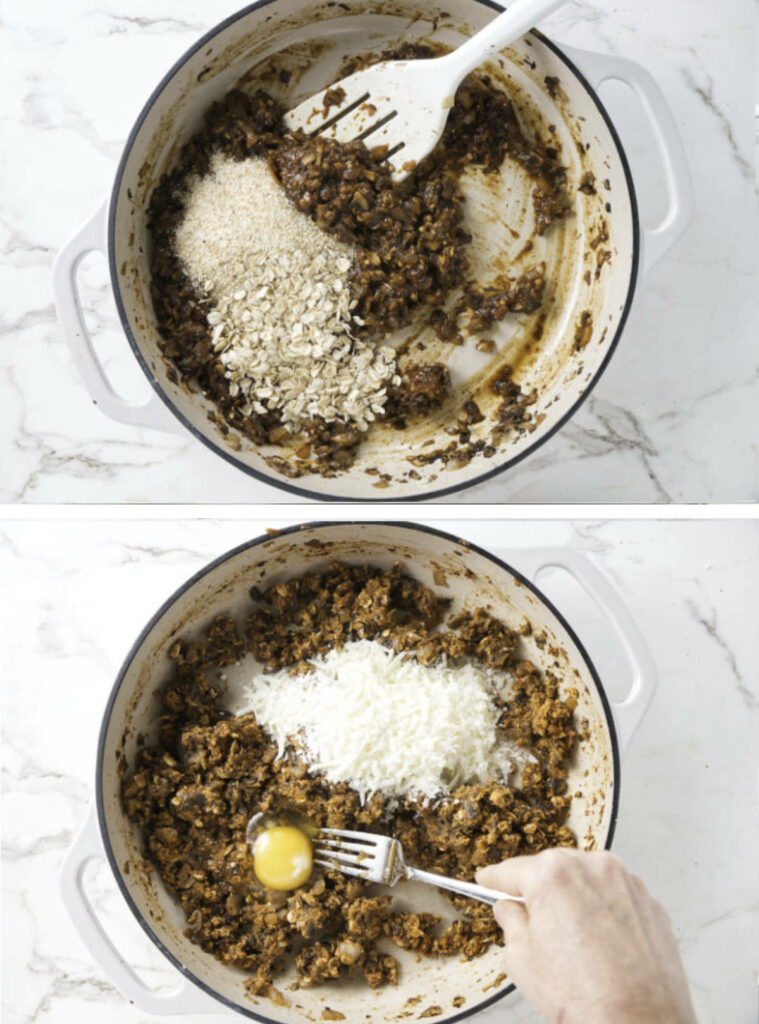 Two photos showing how to mix bread crumbs and eggs into meatloaf mixture.