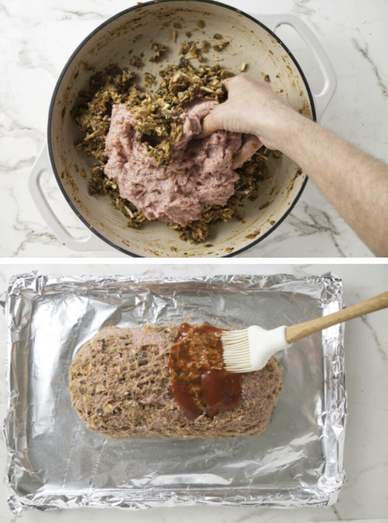Two photos showing how to mix ground turkey with spices and shape into a loaf.